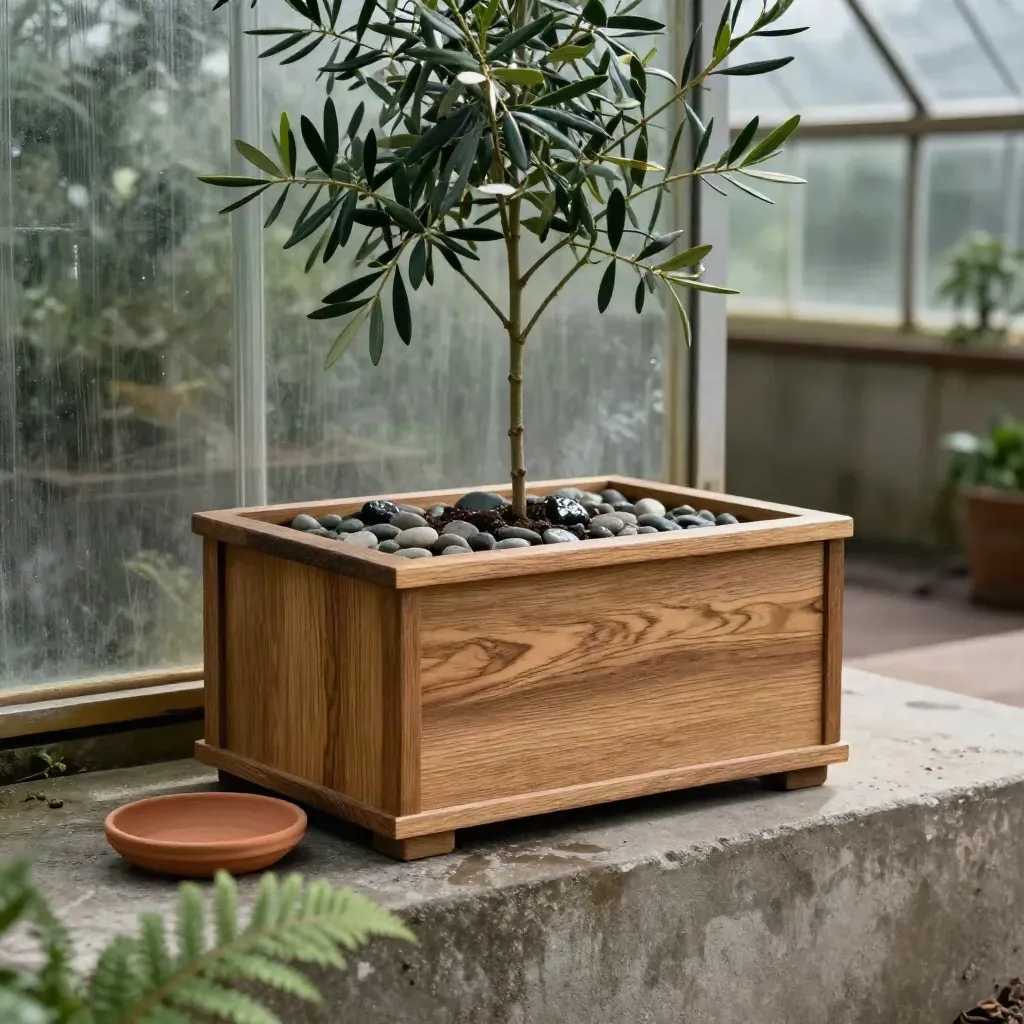 Oak planter box with olive sapling and terracotta saucer on a concrete ledge in greenhouse light.
