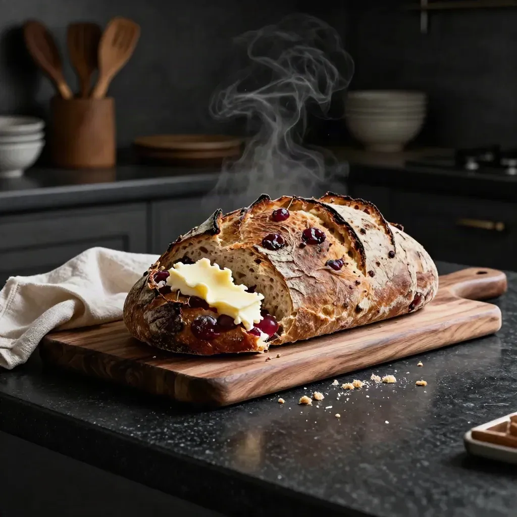 Cherry bread board with torn sourdough, butter curls, napkin, and crumbs on a dark counter.