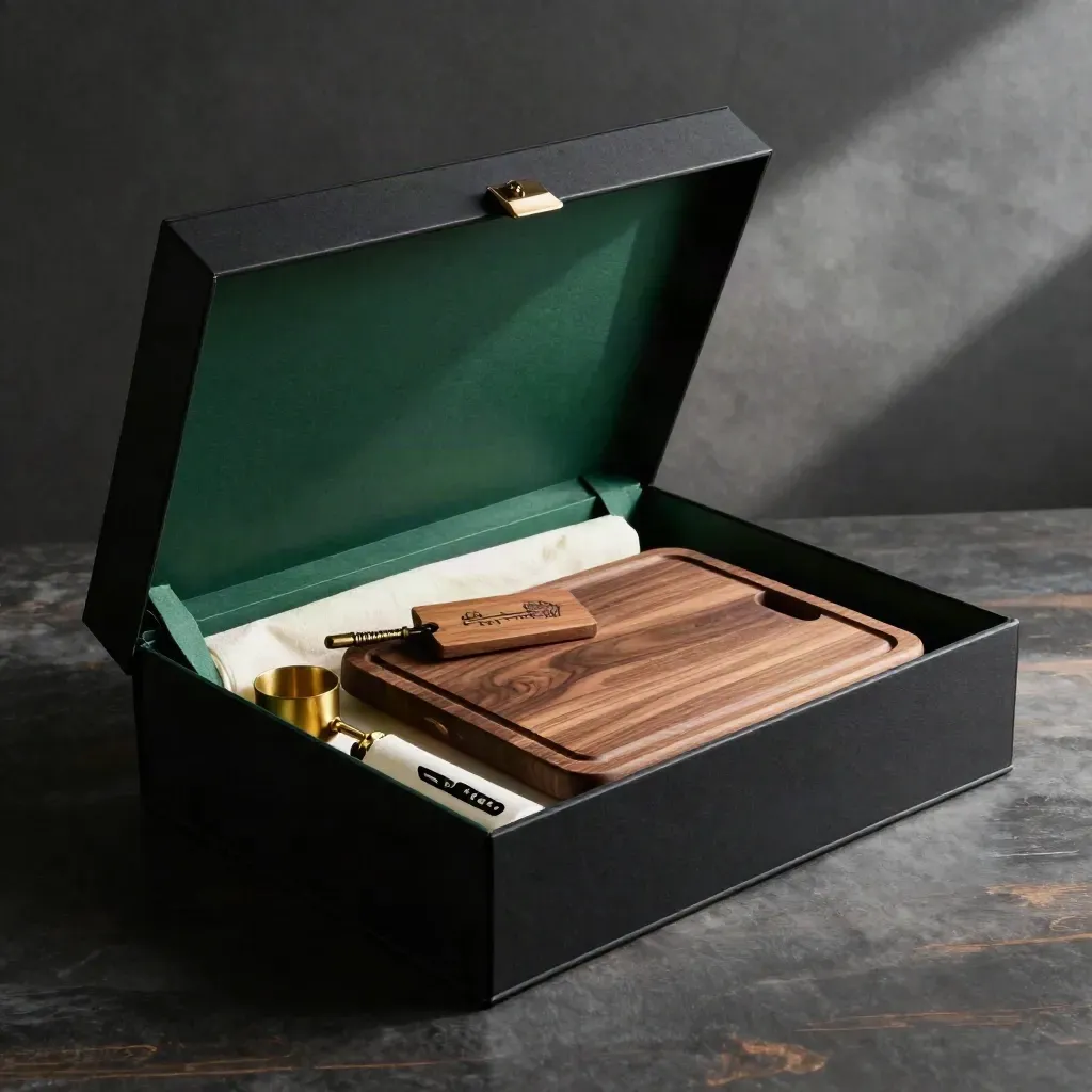 Open walnut gift box with board, tray, engraved tag, cream tissue, brass filler on black