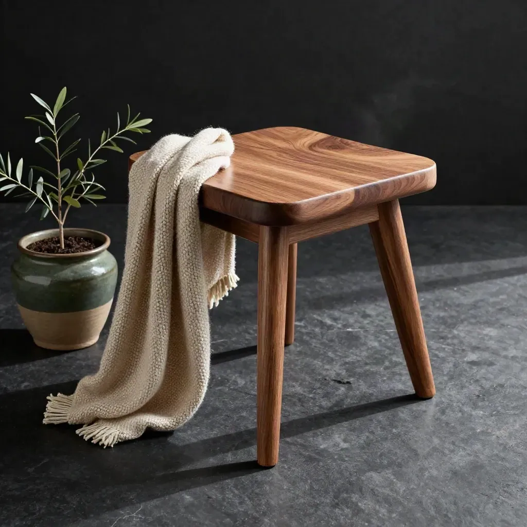 Low wood stool with woven throw and forest-green planter on a dark studio floor.