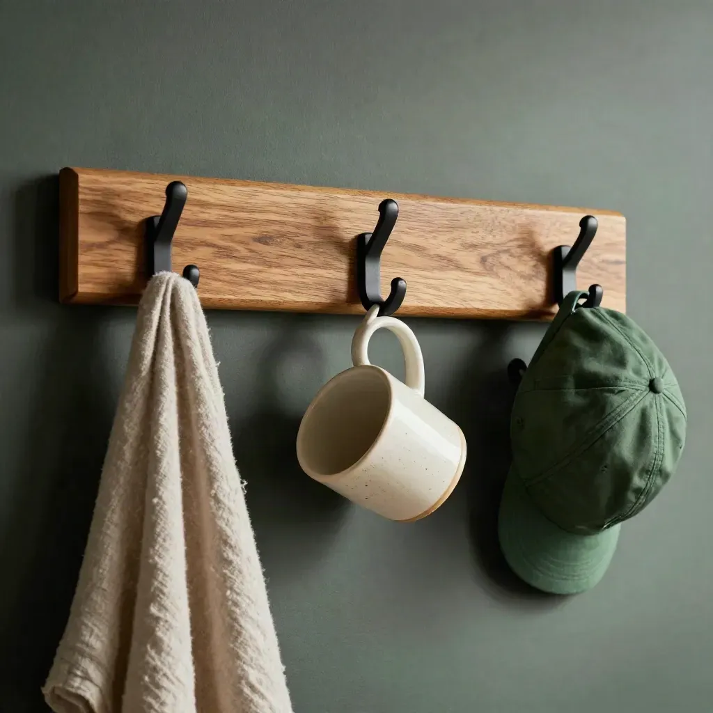 Oak wall hook rail with linen, mug and cap in raking light on a putty wall