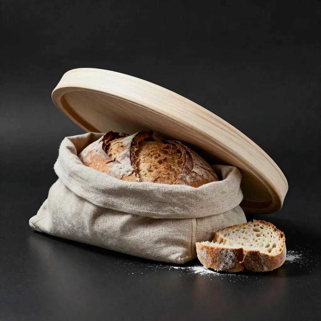 Curved cream wood bread box lid half-open over linen bag and crumbs