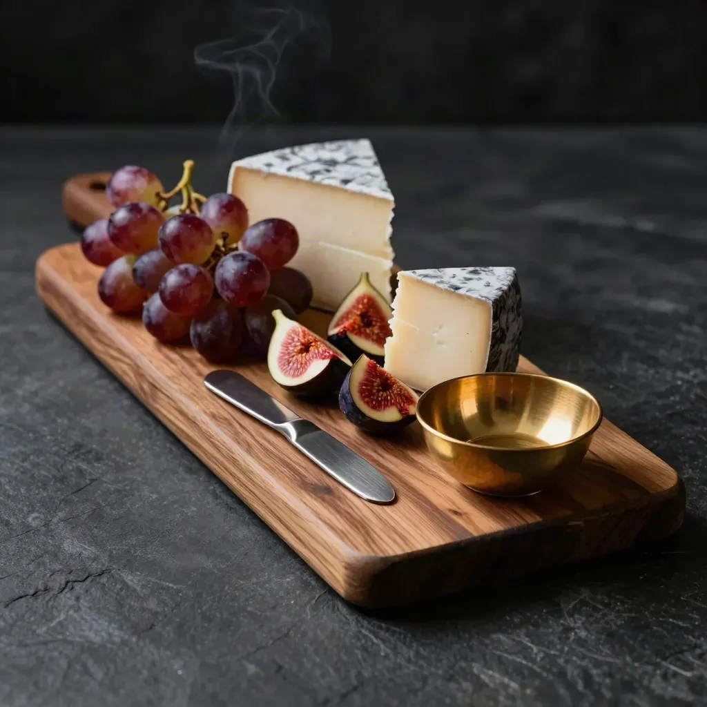 Walnut cheese board with grapes, figs, knife, and brass bowl on dark stone.